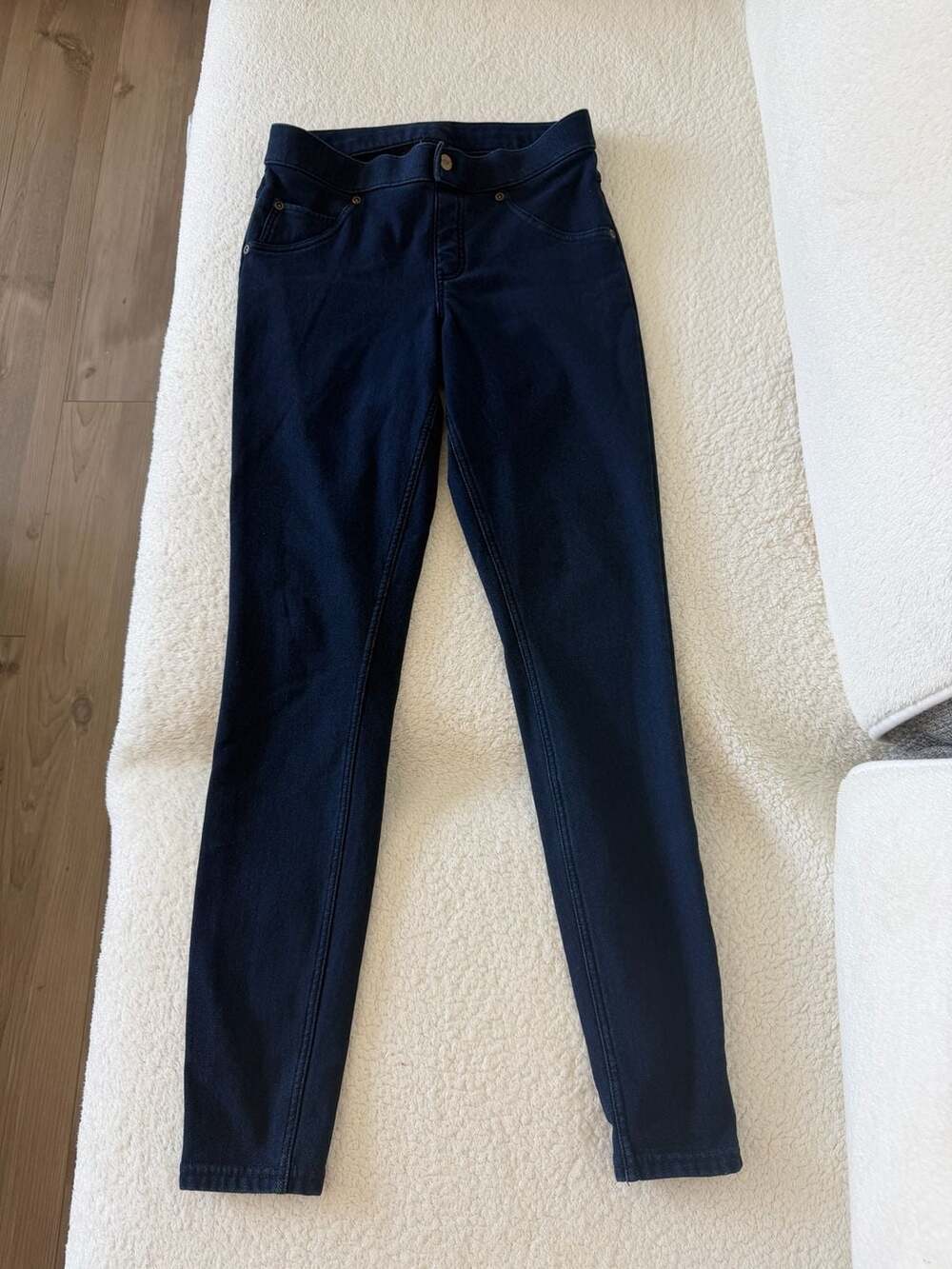 HUE Faux Denim Fleece Lined Stretch Leggings Dark Blue Size S